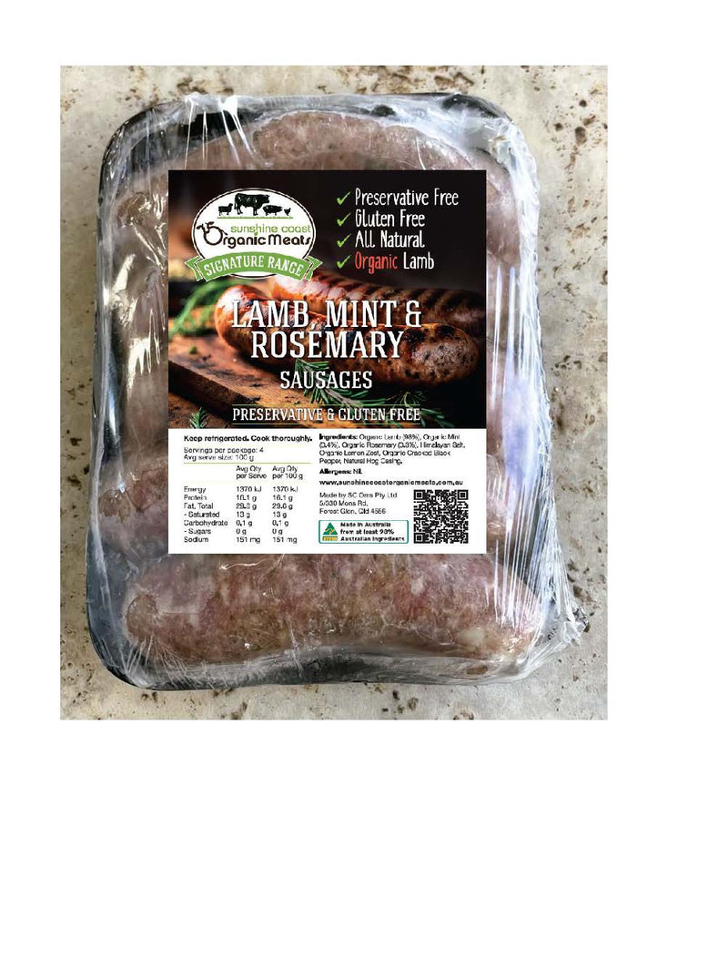 Lamb, Mint & Rosemary Sausages (5 pack) - Preservative Free - Gluten Free