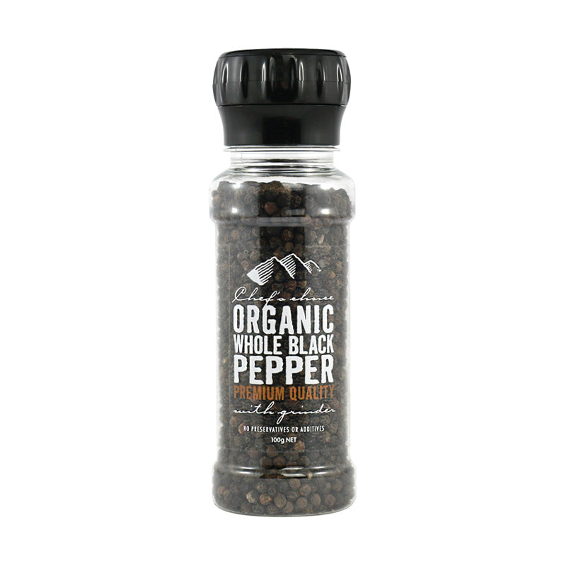 100g Chefs Choice Org Whole Black Pepper Grinder